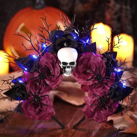 Light Up Rose Halo Crown Skull Flower Headband for Women Halloween Day of the De main image 6